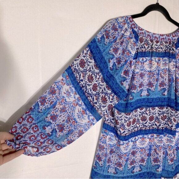 Fig And Flower Blue Red White Multi Print Boho tTie Front Semi Sheer Blouse M - Picture 12 of 15